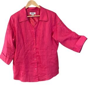 La Rea Collection 1X Linen Button Shirt Pink Embroidered Floral Cutout Blouse